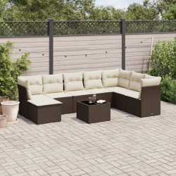 9 Pcs conjunto sofás p/ jardim c/ almofadões vime PE castanho