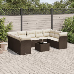 10 Pcs conj. sofás jardim com almofadões vime PE castanho