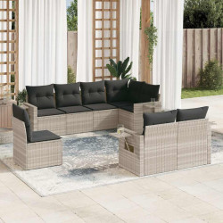 8 Pcs conj. sofás jardim c/ almofadões vime PE cinzento-claro