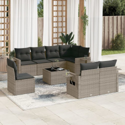 9 Pcs conjunto sofás p/ jardim com almofadões vime PE cinzento