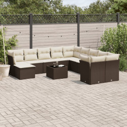 12 Pcs conjunto de sofás jardim com almofadões vime PE castanho