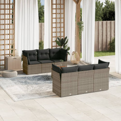 7 Pcs conjunto sofás p/ jardim c/ almofadões vime PE cinzento