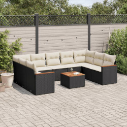 10 Pcs conjunto sofás de jardim c/ almofadões vime PE preto