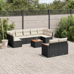 10 Pcs conjunto sofás de jardim c/ almofadões vime PE preto