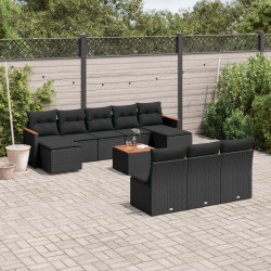 11 Pcs conjunto sofás de jardim c/ almofadões vime PE preto