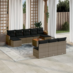 11 Pcs conjunto sofás de jardim c/ almofadões vime PE cinzento
