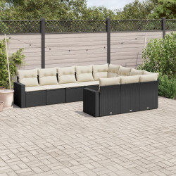 10 Pcs conjunto sofás de jardim c/ almofadões vime PE preto
