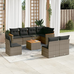 9 Pcs conjunto sofás p/ jardim com almofadões vime PE cinzento