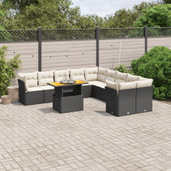 11 Pcs conjunto sofás de jardim c/ almofadões vime PE preto