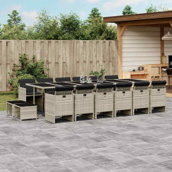 17 Pcs conj. jantar jardim c/ almofadões vime PE cinzento-claro