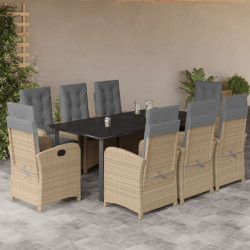 9 Pcs conj. jantar jardim c/ almofadões vime PE bege misturado