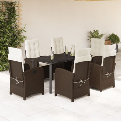7 Pcs conjunto jantar p/ jardim c/ almofadões vime PE castanho