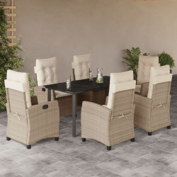7 Pcs conjunto de jantar p/ jardim com almofadões vime PE bege