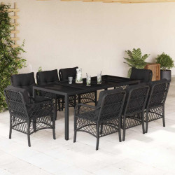 9 Pcs conjunto de jantar p/ jardim c/ almofadões vime PE preto