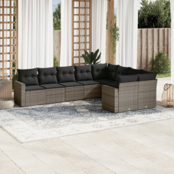 9 Pcs conjunto sofás p/ jardim com almofadões vime PE cinzento