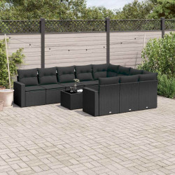 11 Pcs conjunto sofás de jardim c/ almofadões vime PE preto