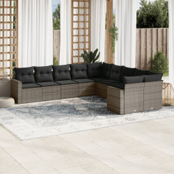10 Pcs conjunto sofás de jardim c/ almofadões vime PE cinzento