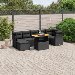 8 Pcs conjunto sofás de jardim com almofadões vime PE preto