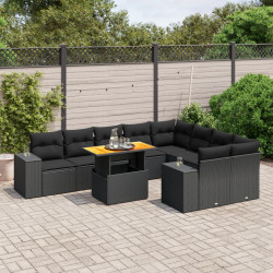 10 Pcs conjunto sofás de jardim c/ almofadões vime PE preto