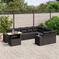 10 Pcs conjunto sofás de jardim c/ almofadões vime PE preto