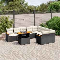 10 Pcs conjunto sofás de jardim c/ almofadões vime PE preto