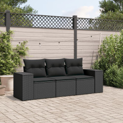 3 Pcs conjunto sofás de jardim com almofadões vime PE preto