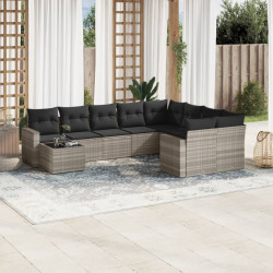 10 Pcs conj. sofás jardim com almofadões vime PE cinzento-claro