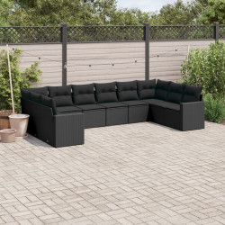 10 Pcs conjunto sofás de jardim c/ almofadões vime PE preto