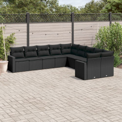 10 Pcs conjunto sofás de jardim c/ almofadões vime PE preto