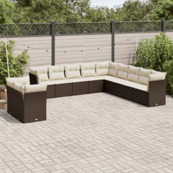 11 Pcs conjunto sofás de jardim c/ almofadões vime PE castanho