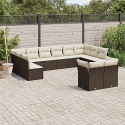 12 Pcs conjunto de sofás jardim com almofadões vime PE castanho
