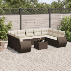 10 Pcs conj. sofás jardim com almofadões vime PE castanho