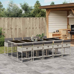 11 Pcs conjunto jantar p/ jardim c/ almofadões vime PE cinzento