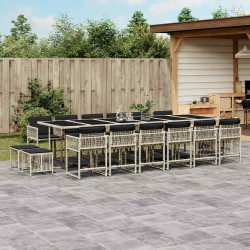 17 Pcs conj. jantar jardim c/ almofadões vime PE cinzento-claro