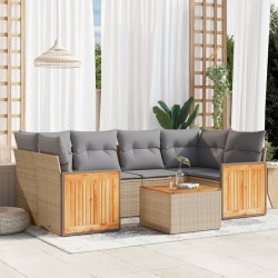 7 Pcs conjunto de sofás p/ jardim com almofadões vime PE bege