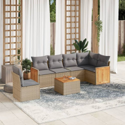 7 Pcs conjunto de sofás p/ jardim com almofadões vime PE bege