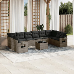 11 Pcs conjunto sofás de jardim c/ almofadões vime PE cinzento