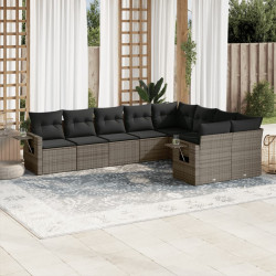 9 Pcs conjunto sofás p/ jardim com almofadões vime PE cinzento