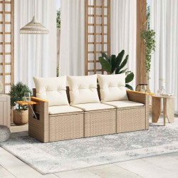 3 Pcs conjunto de sofás p/ jardim com almofadões vime PE bege