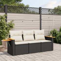 3 Pcs conjunto sofás de jardim com almofadões vime PE preto