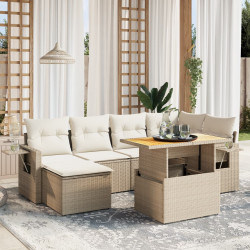 7 Pcs conjunto de sofás p/ jardim com almofadões vime PE bege