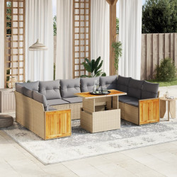 10 Pcs conjunto de sofás p/ jardim com almofadões vime PE bege