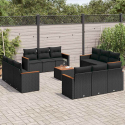 13 Pcs conjunto de sofás de jardim com almofadões vime PE preto