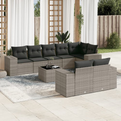 9 Pcs conjunto sofás p/ jardim com almofadões vime PE cinzento
