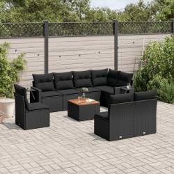 9 Pcs conjunto de sofás p/ jardim c/ almofadões vime PE preto
