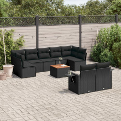 10 Pcs conjunto sofás de jardim c/ almofadões vime PE preto