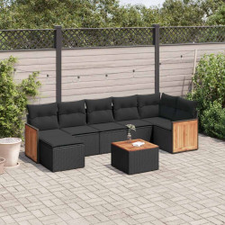 8 Pcs conjunto sofás de jardim com almofadões vime PE preto