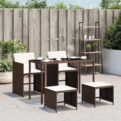 5 Pcs conjunto jantar p/ jardim c/ almofadões vime PE castanho