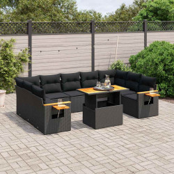 10 Pcs conjunto sofás de jardim c/ almofadões vime PE preto