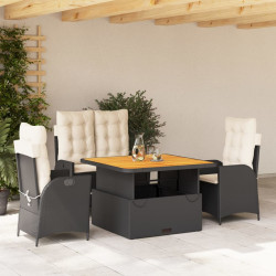 4 Pcs conjunto de jardim p/ jardim c/ almofadões vime PE preto